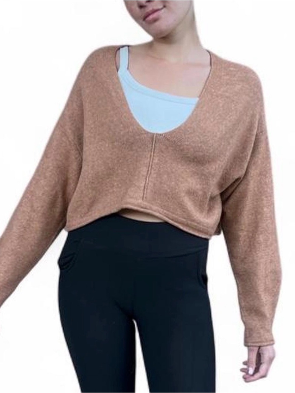 BDG Cropped V-Neck Sweater in Warm Brown